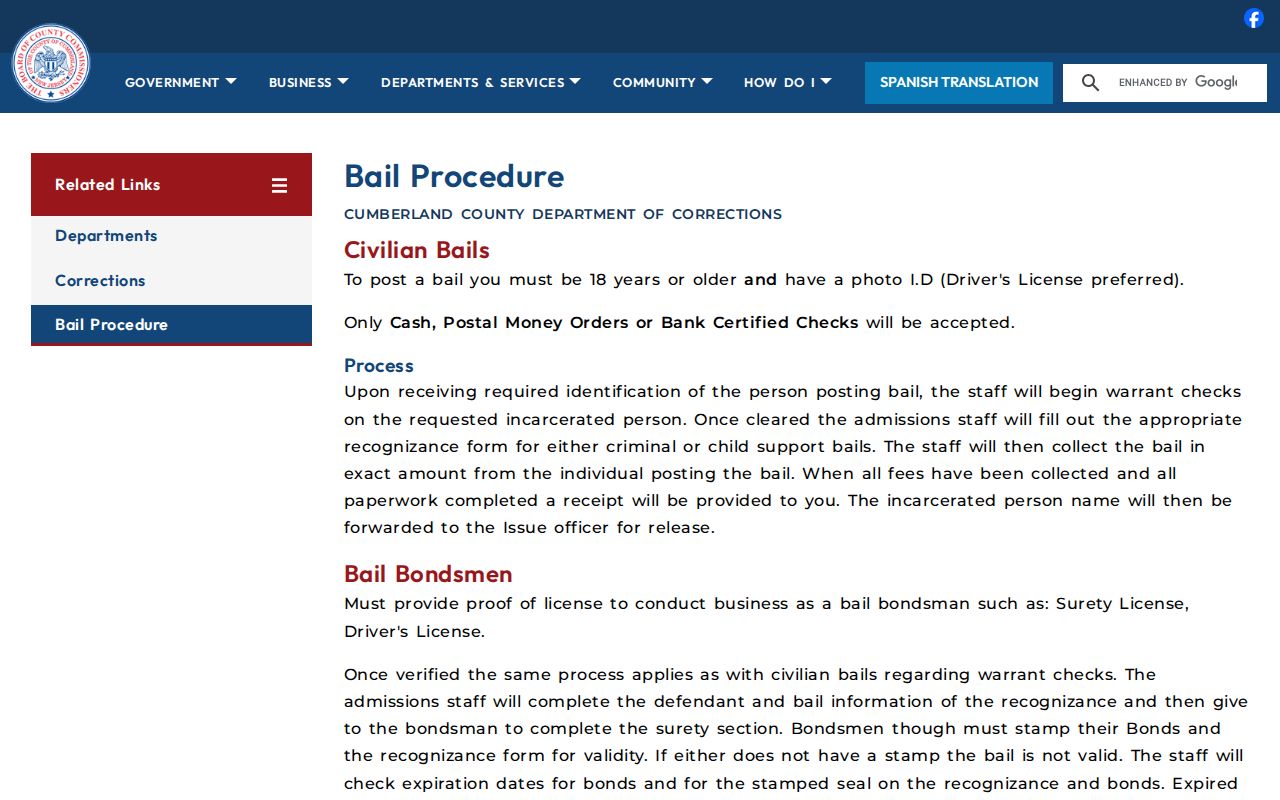 Cumberland County arrest record and county jail bail procedure