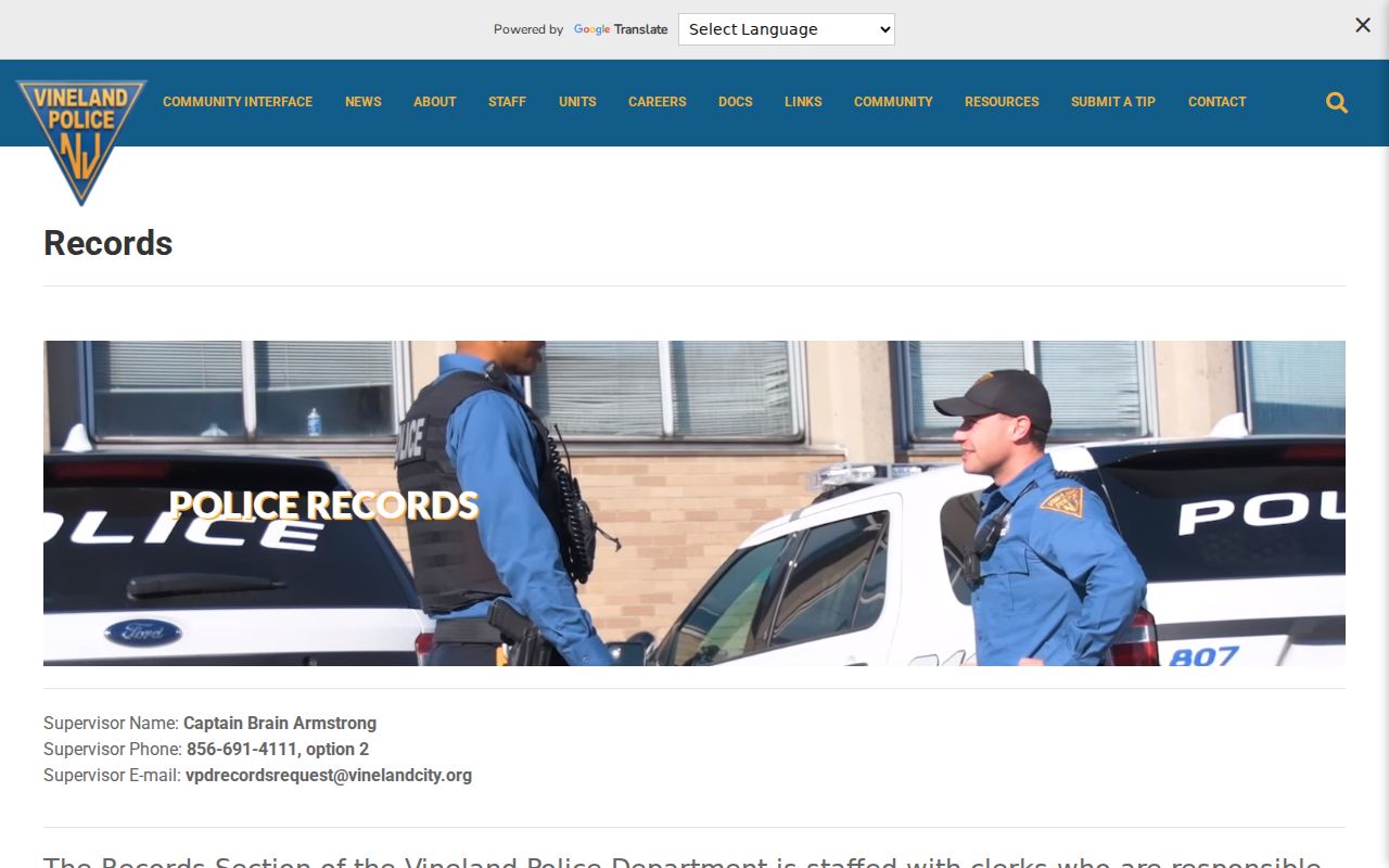 Vineland Police Department criminal records unit