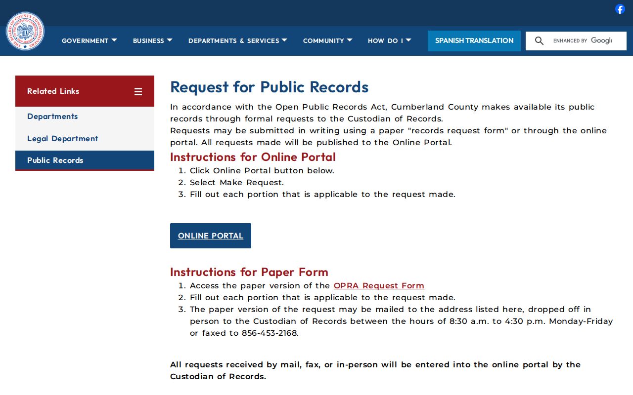 Cumberland County criminal records OPRA request instructions