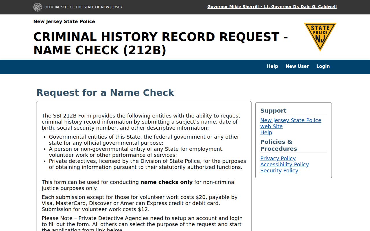 Cumberland County criminal history NJSP 212B request portal
